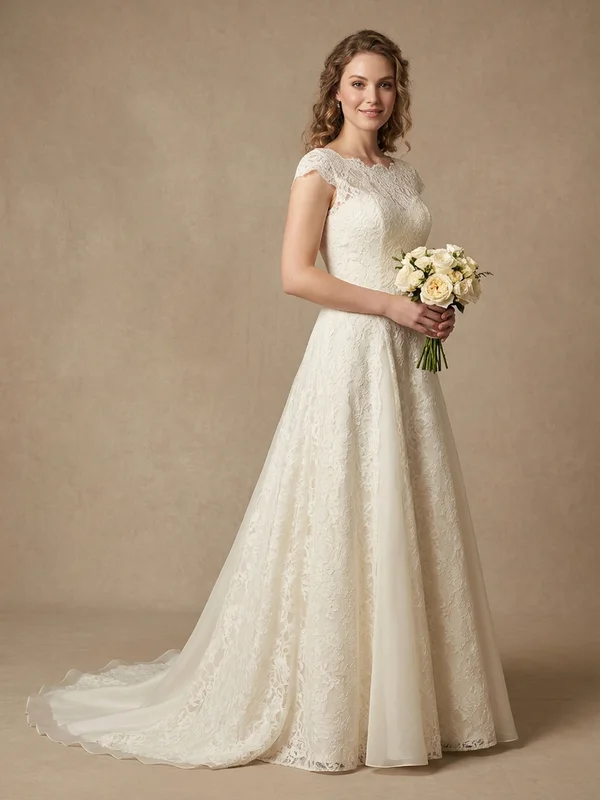 Genevieve — Ivory Lace A-Line Wedding Dress with Illusion Back - 1