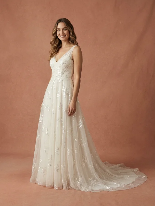 Seraphina — Ivory Sparkle A-Line Wedding Gown with V-Neckline - 1