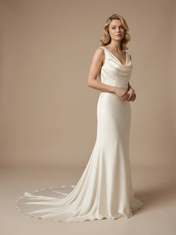 Coralie — Ivory Silk Beach Wedding Dress with Cowl Neckline - 1