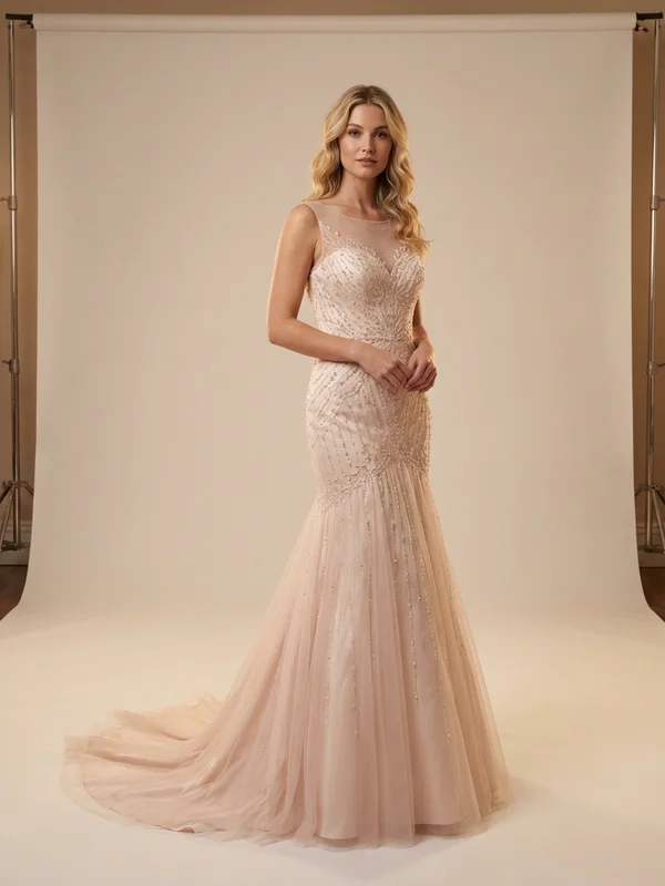 Lysandra — Blush Beaded Trumpet Wedding Gown with Illusion Sleeves - 1
