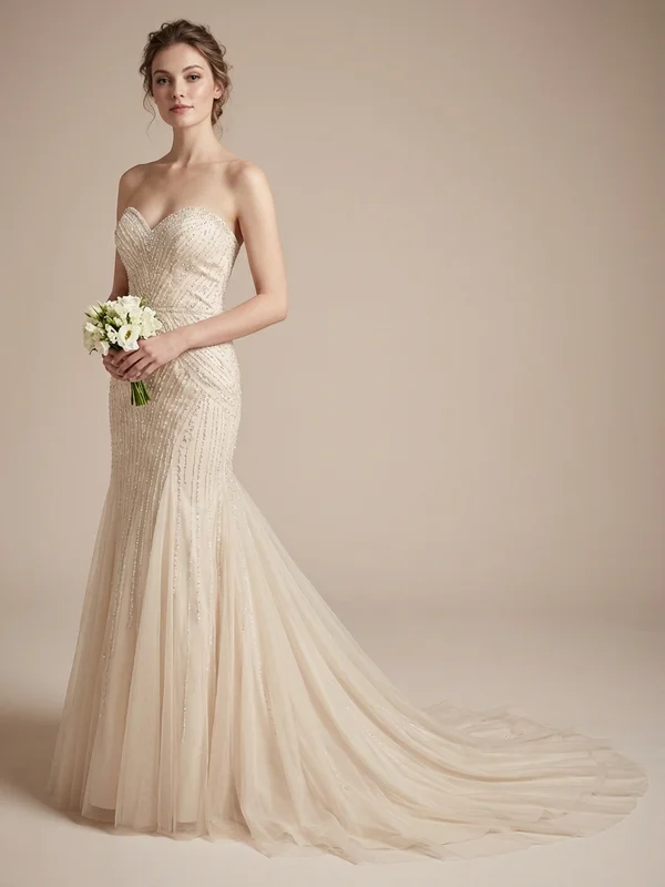 Valentina — Champagne Backless Beaded Wedding Dress with Illusion Straps - 1