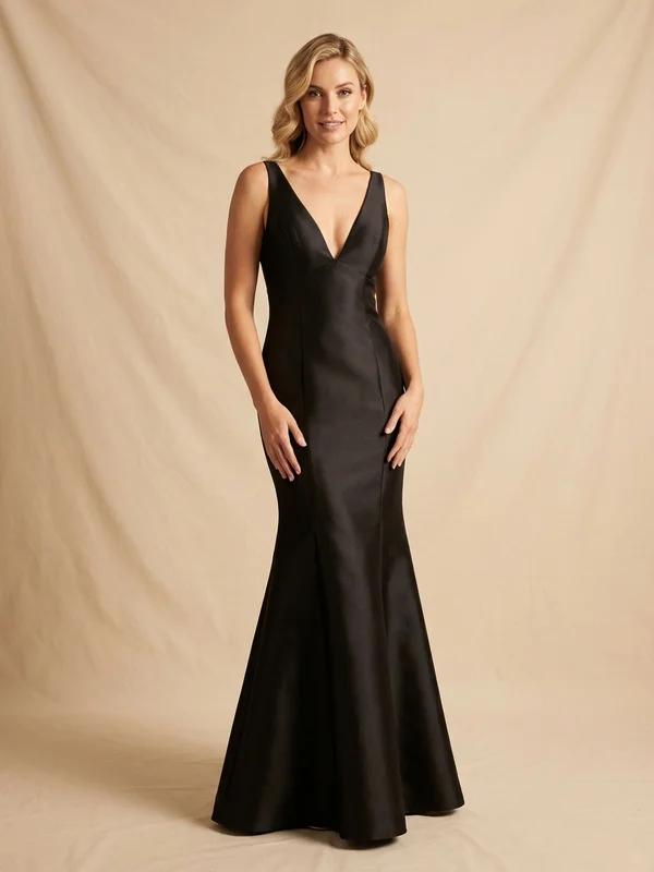Ravenna — Black Satin Mermaid Wedding Dress with Plunging Neckline - 1