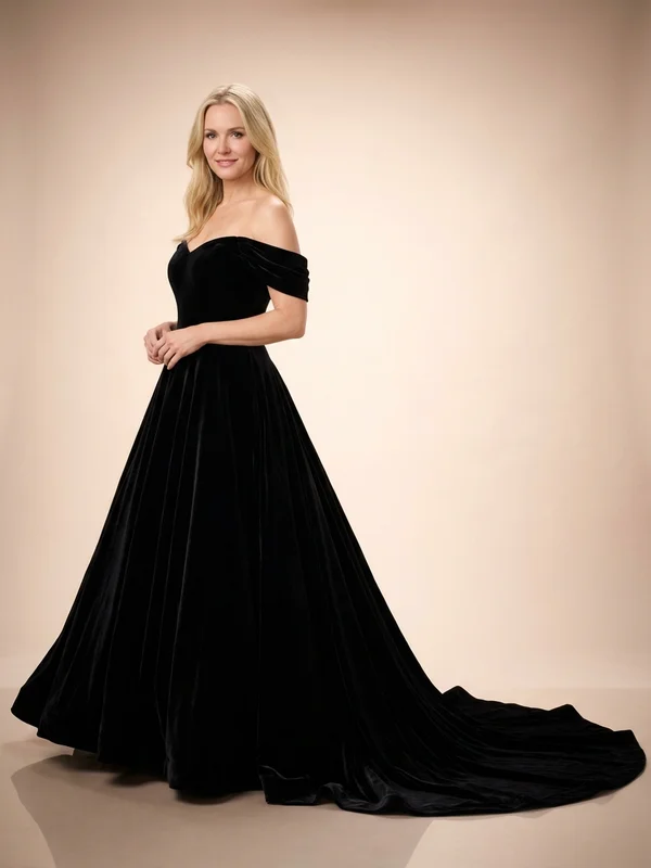 Selene — Black Velvet Ball Gown Wedding Dress with Off-Shoulder Neckline - 1
