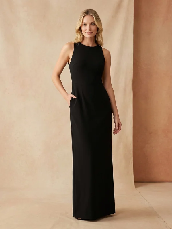 Vesper — Black Crepe Column Wedding Gown with Thigh Slit - 1