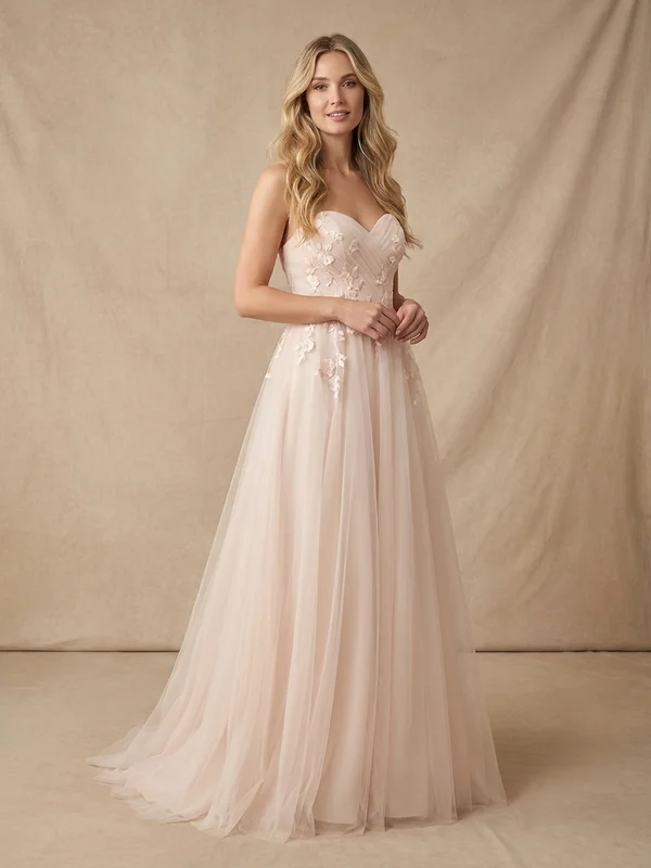 Celestine — Blush Tulle A-Line Wedding Dress with Floral Appliqué - 1