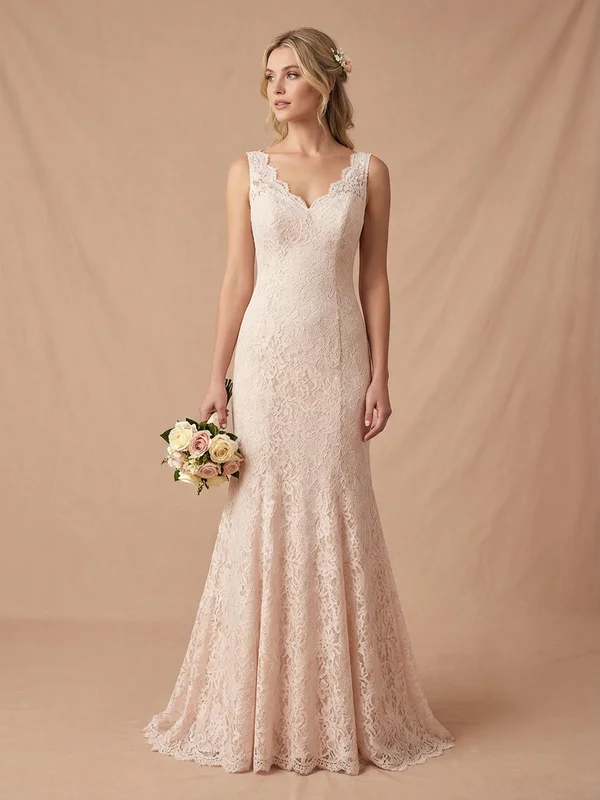Elowen — Blush Lace Fit & Flare Wedding Dress with Illusion Back - 1