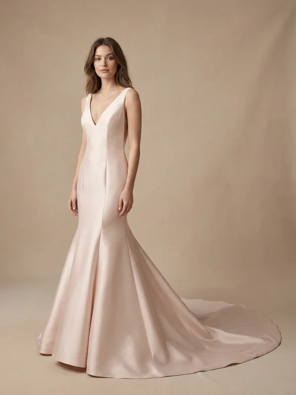 Rosalind — Blush Satin Mermaid Wedding Gown with Chapel Train - 1
