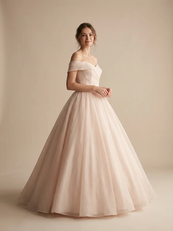 Valentina — Blush Organza Ball Gown Wedding Dress with Off-Shoulder Sleeves - 1