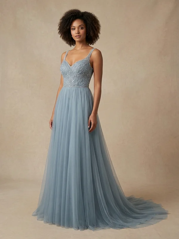 Sapphira — Dusty Blue Tulle A-Line Wedding Dress with Beaded Bodice - 1