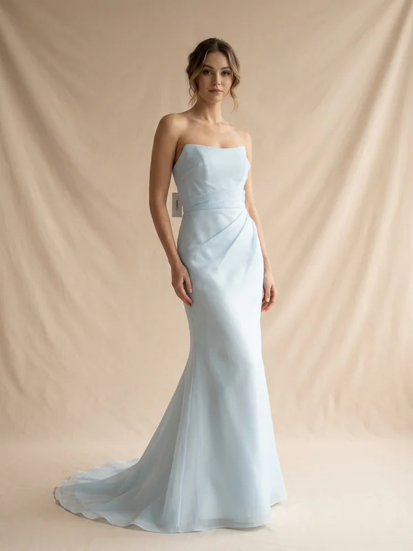 Azura — Ice Blue Organza Sheath Wedding Dress with Thigh Slit - 1