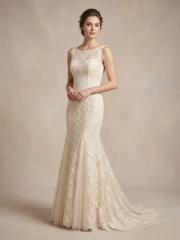 Marguerite — Champagne Lace Boat Neck Wedding Dress with Illusion Back - 1
