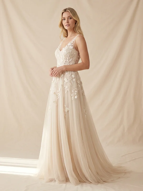 Clover — Champagne Embroidered Boho Wedding Dress with Open Back - 1