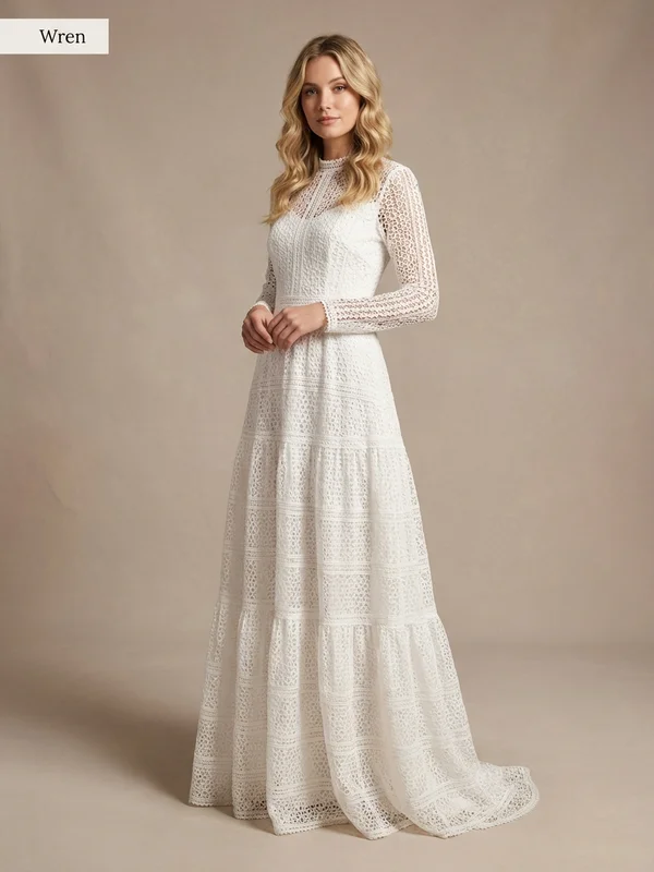 Wren — White Cotton Lace Boho Wedding Gown with Fringe Detail - 1