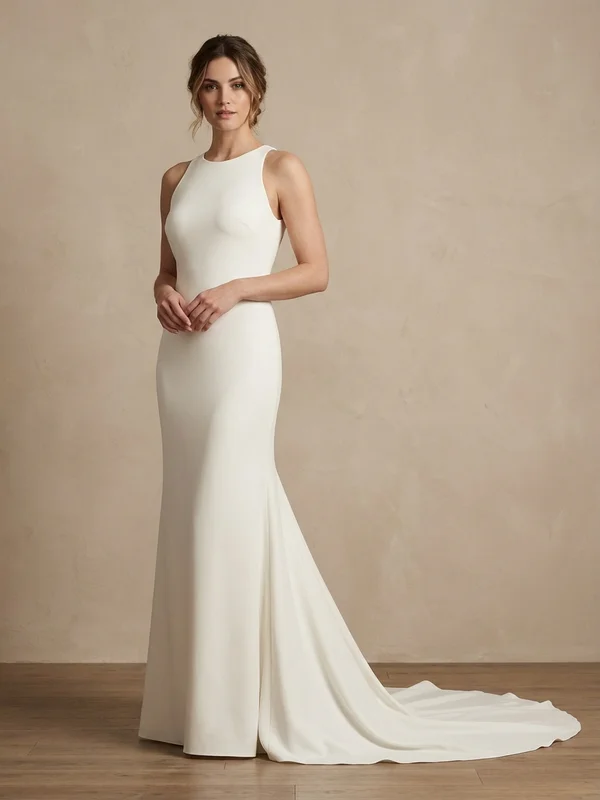 Constance — Ivory Crepe Bell Sleeve Wedding Dress with Low Back - 1
