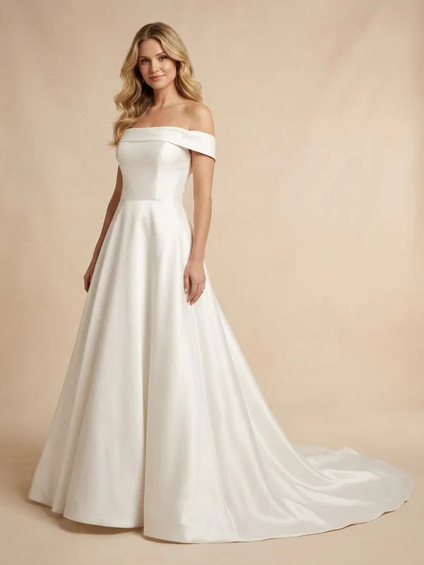 Evangeline — White Satin Bell Sleeve Wedding Dress with Corset Back - 1