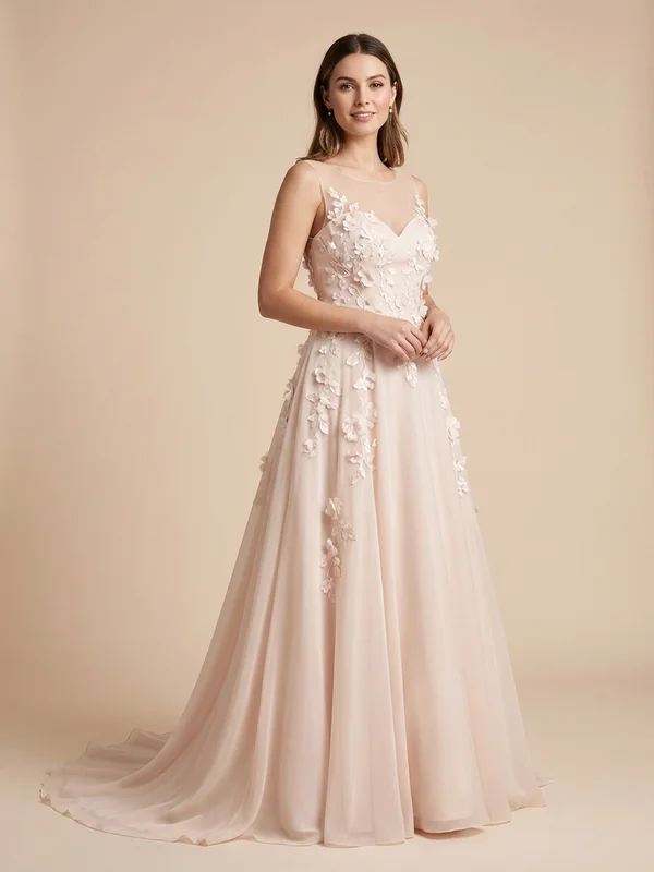 Ophelia — Blush Chiffon Bell Sleeve Wedding Gown with Floral Appliqué - 1