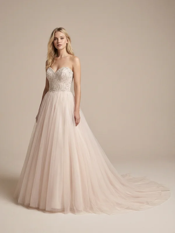 Genevieve — Blush Tulle Ball Gown Wedding Dress with Beaded Bodice - 1