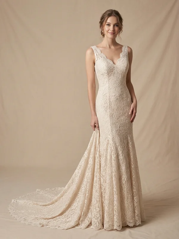 Rosalind — Champagne Lace Long Sleeve Wedding Dress with Cathedral Train - 1