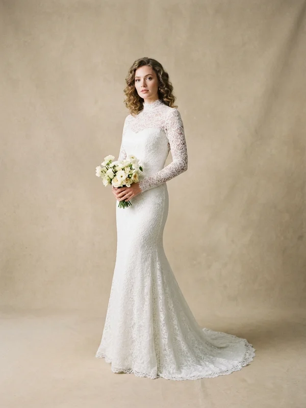 Eleanora — White Lace Button Back Wedding Gown with Long Sleeves - 1