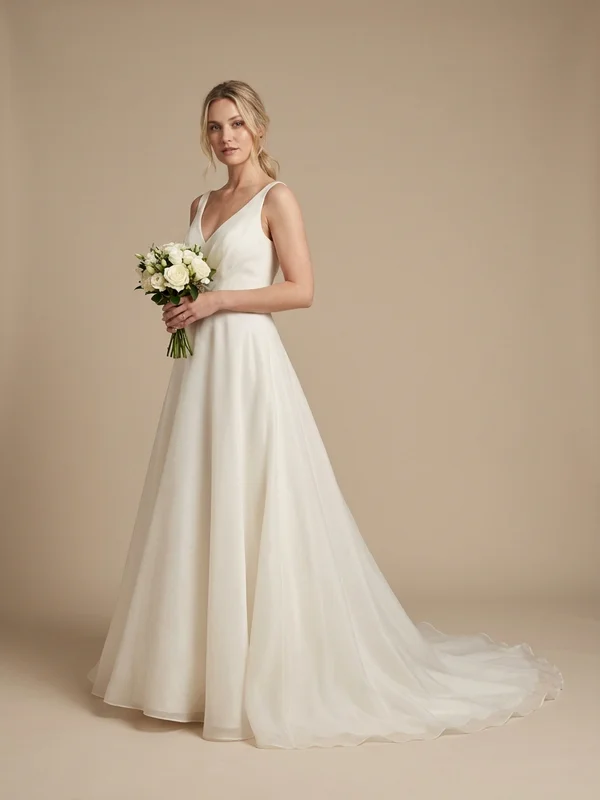 Wren — Ivory Organza Button Back Wedding Gown with Flutter Sleeves - 1