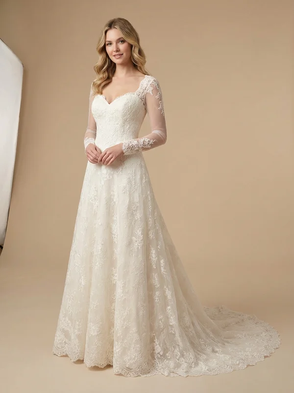 Evangeline — Ivory Lace Cap Sleeve Wedding Dress with Sweetheart Neckline - 1