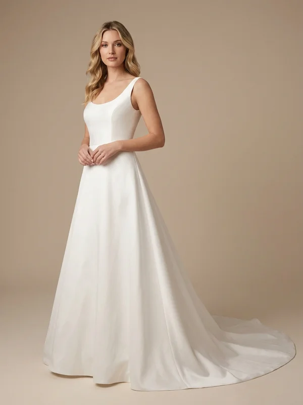 Rosalind — White Satin Cap Sleeve Wedding Gown with Beaded Bodice - 1