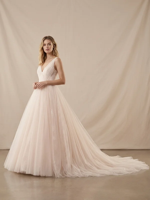 Eleanora — Blush Tulle Cap Sleeve Wedding Dress with Floral Appliqué - 1