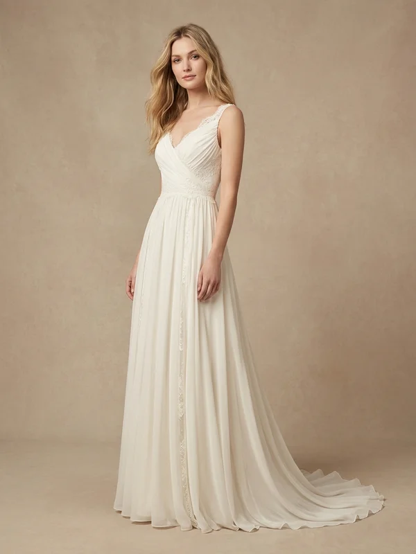 Celestine — Ivory Chiffon A-Line Wedding Dress with Flutter Sleeves - 1