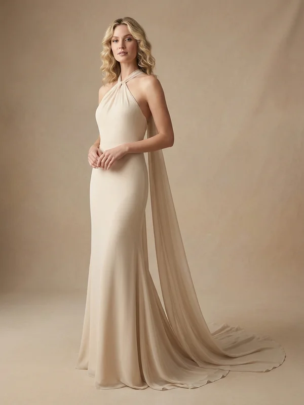 Lilliana — Champagne Chiffon Column Wedding Dress with Embroidered Cape - 1