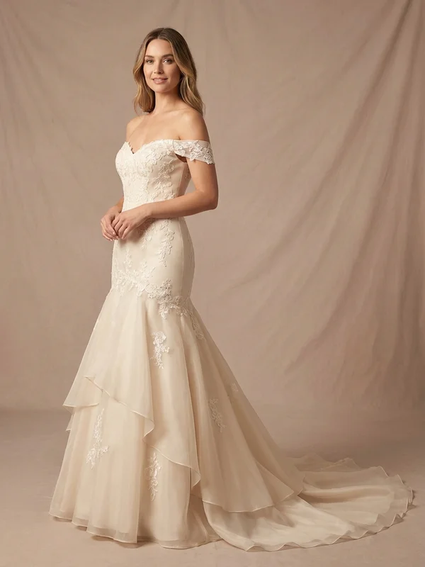 Cosette — Champagne Organza Fit & Flare Wedding Gown with Beaded Waist - 1