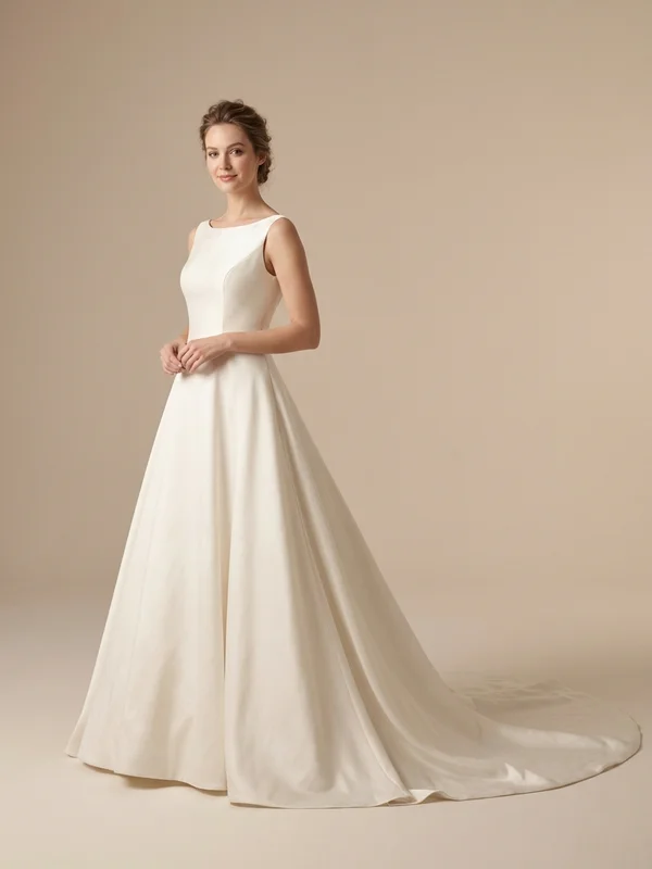 Evangeline — Ivory Satin Church Wedding Dress with Cathedral Train - 1