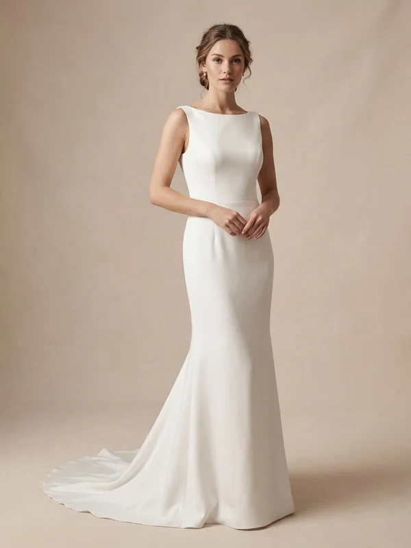 Aurelie — White Satin Column Wedding Dress with Cowl Back - 1