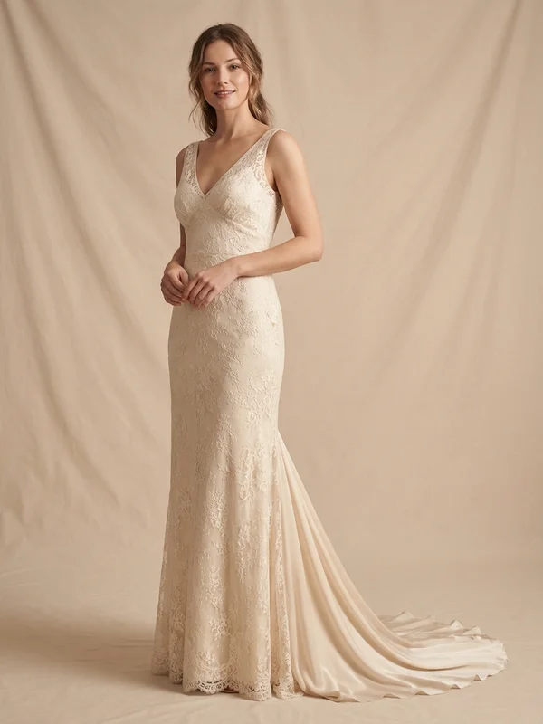 Thalia — Champagne Lace Column Wedding Dress with Cap Sleeves - 1