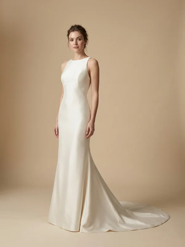 Isolde — Ivory Silk Column Wedding Dress with Illusion Back - 1