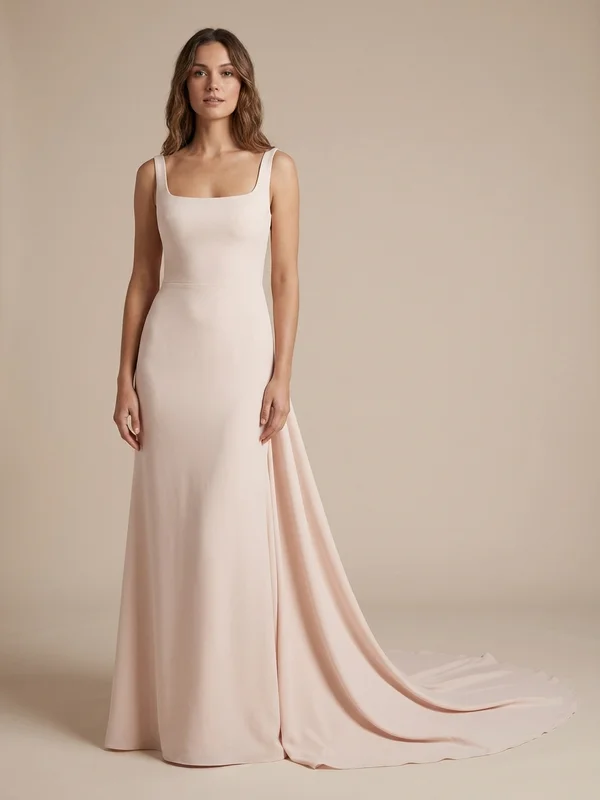 Serenova — Blush Crepe Column Wedding Dress with Detachable Train - 1