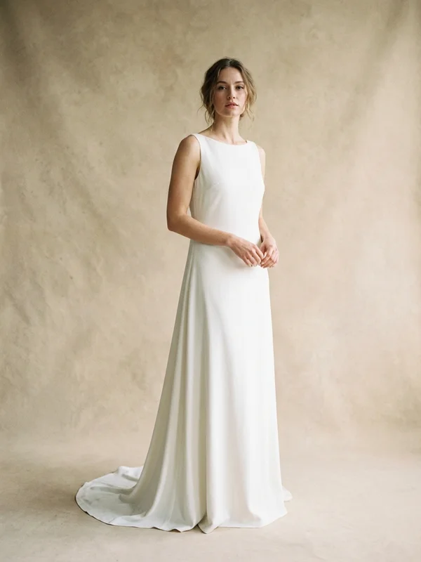 Columna — Ivory Crepe Column Wedding Dress with Sculptural Draping - 1