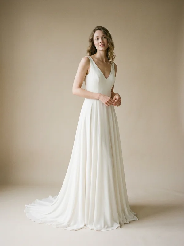 Ophelia — Ivory Chiffon Corset Back Wedding Dress with Ethereal Cape Sleeves - 1