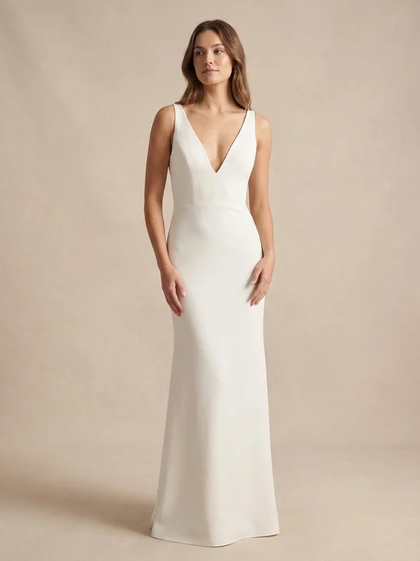 Margaux — White Crepe Minimalist Wedding Gown with Plunging Neckline - 1
