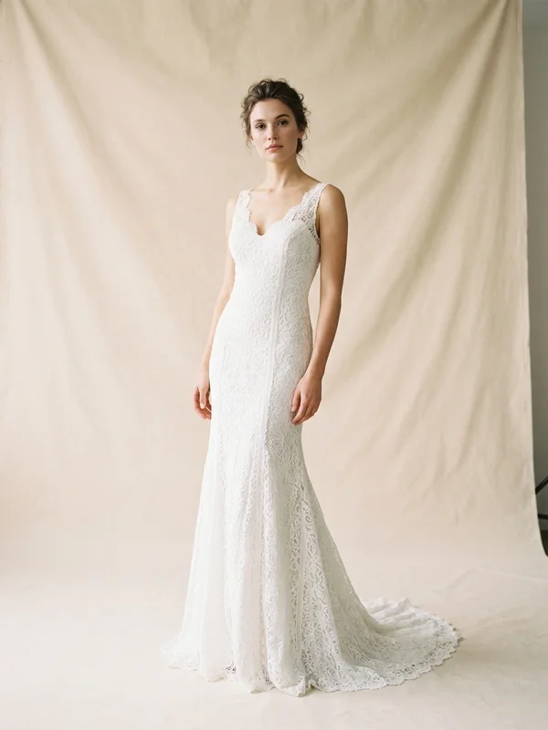 Theodora — White Lace Court Train Wedding Gown with Cap Sleeves - 1