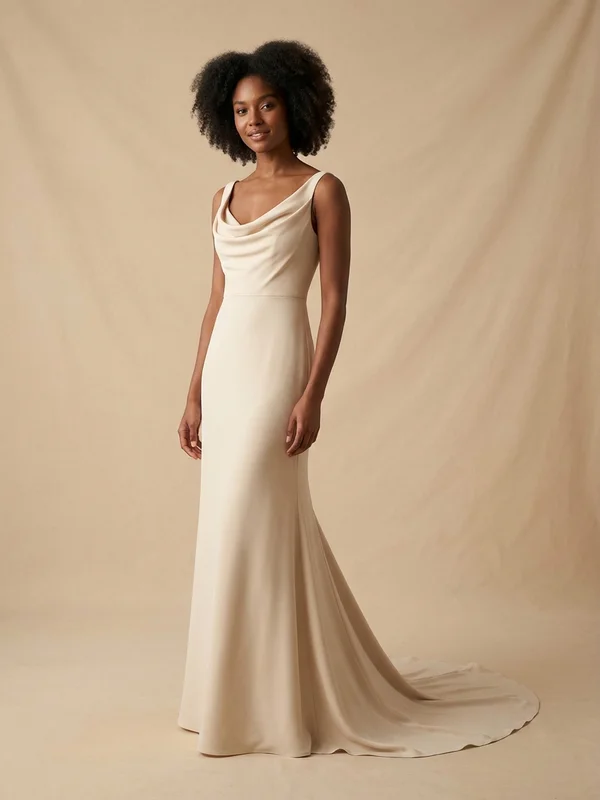 Valentina — Champagne Crepe Court Train Wedding Dress with Cowl Neck - 1