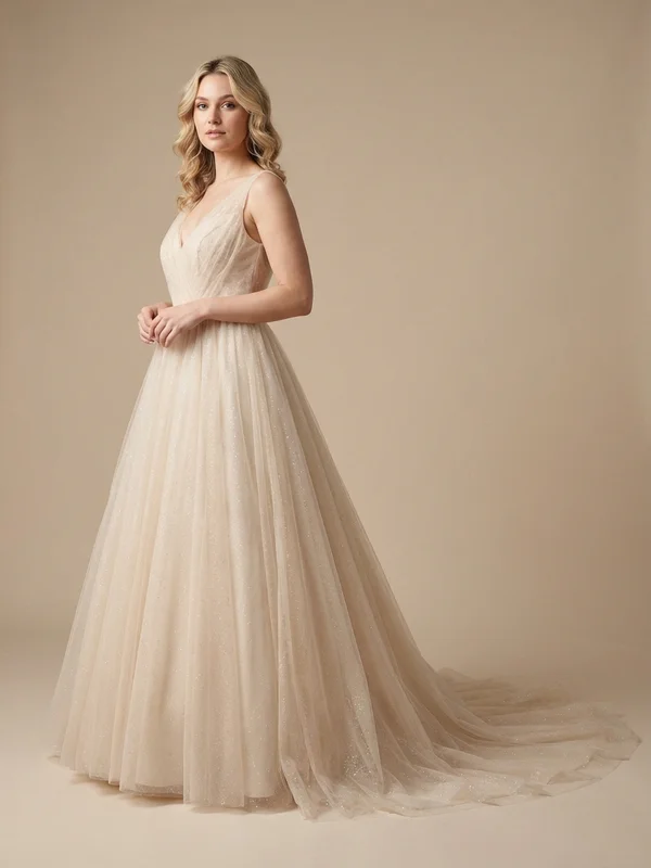Vivienne — Champagne Tulle Cathedral Train Wedding Dress with Sparkle Overlay - 1