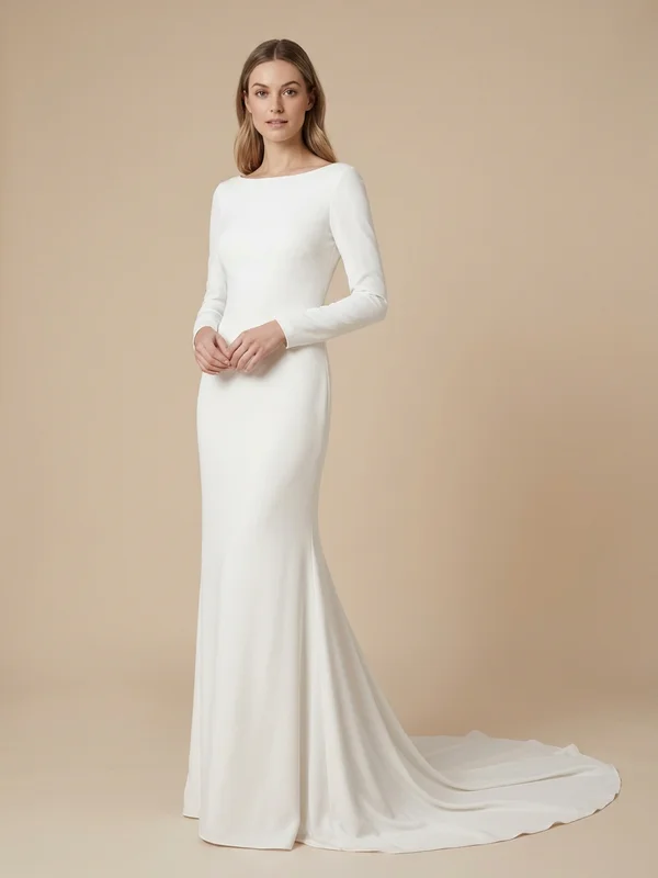 Adelaide — White Crepe Elegant Wedding Dress with Boat Neck - 1