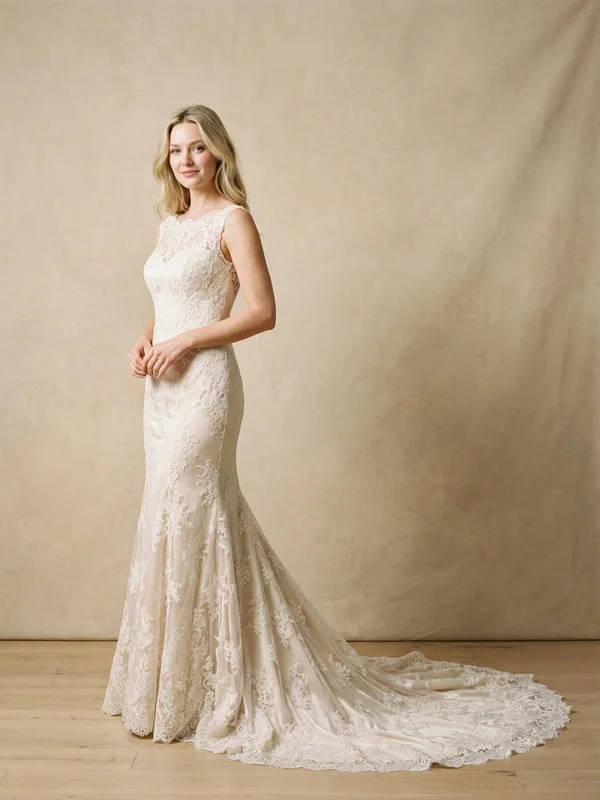 Genevieve — Champagne Lace Elegant Wedding Dress with Cap Sleeves - 1