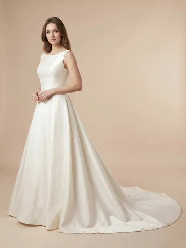 Vivienne — Ivory Satin Elegant Wedding Dress with Cathedral Train - 1