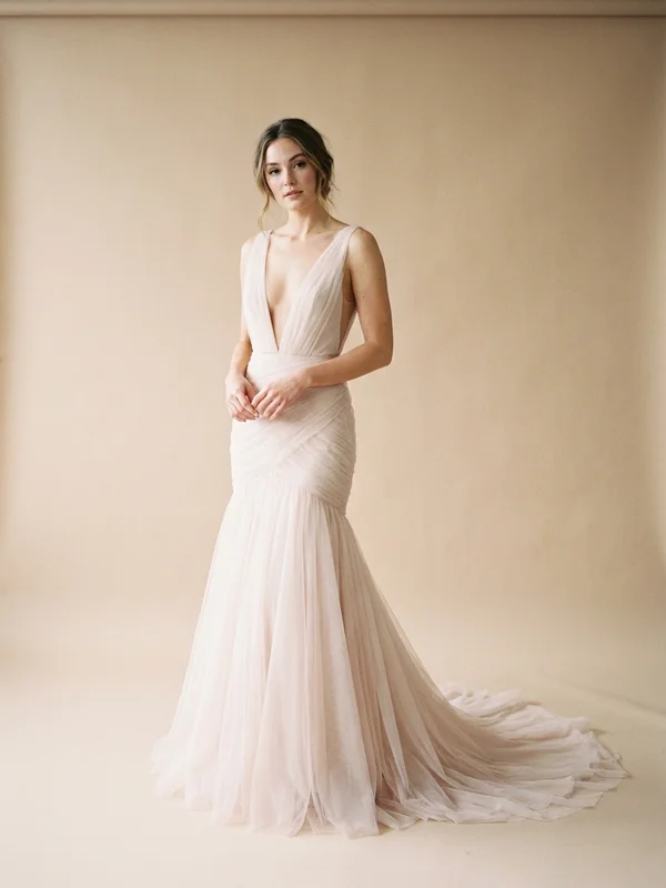 Theodora — Blush Embroidered Trumpet Wedding Gown with Scalloped Hem - 1