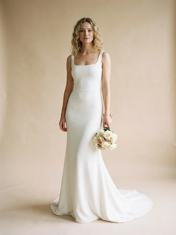 Cassandra — Ivory Crepe Fit & Flare Wedding Gown with Button Back - 1