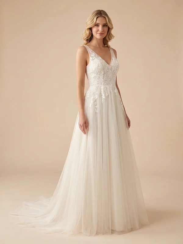 Persephone — Ivory Floral Lace A-Line Wedding Dress with Chapel Train - 1