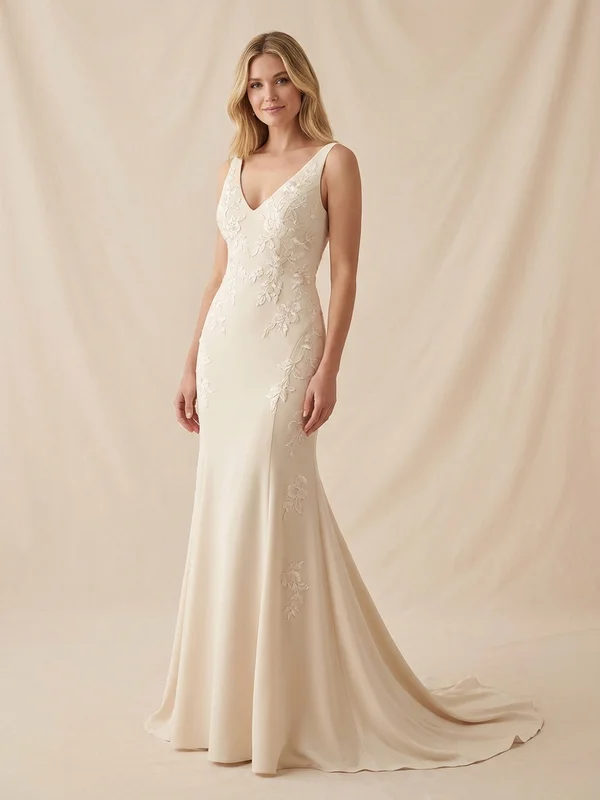 Primrose — Champagne Floral Appliqué Fit & Flare Wedding Dress with Low Back - 1