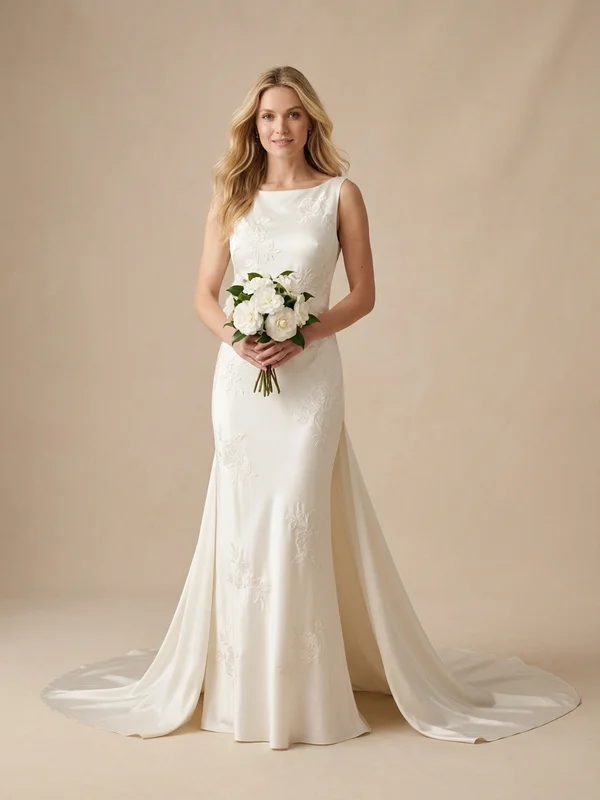 Camellia — Ivory Floral Satin Column Wedding Gown with Detachable Train - 1