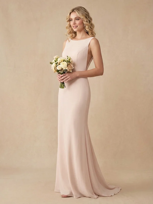 Dahlia — Blush Chiffon Sheath Wedding Dress with Flutter Sleeves - 1